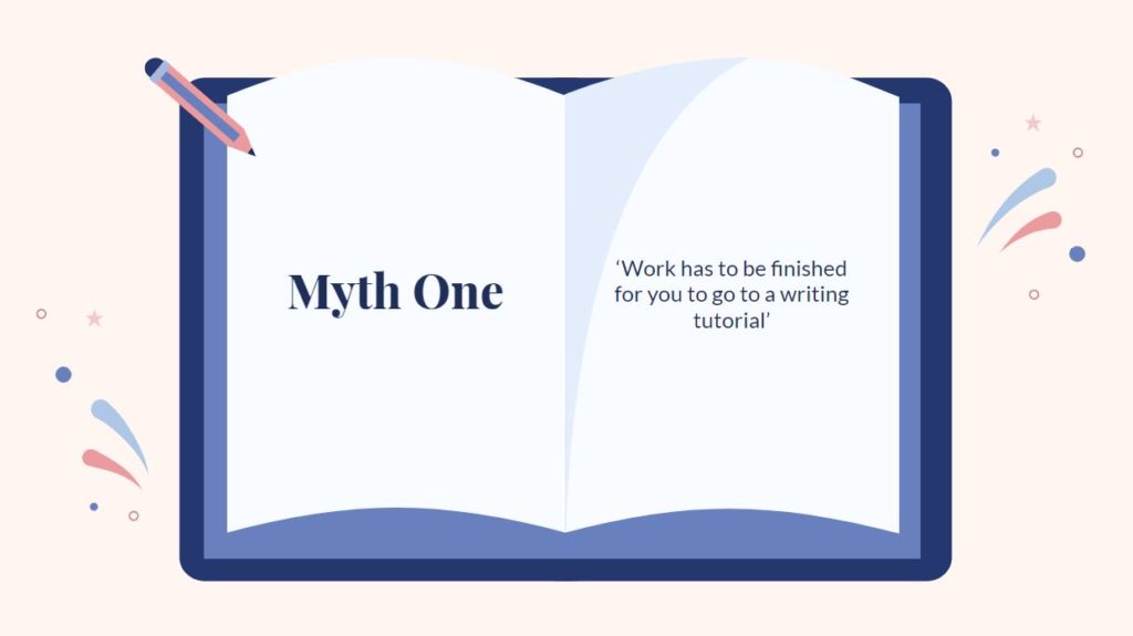 Graphic of an open book with a blue cover on a pink background, text reads 'Myth One' on one side and 'Work has to be finished for you to go to a writing tutorial' on the other.