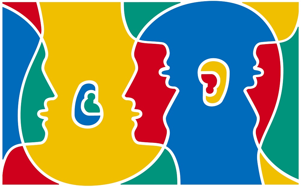 European Day of Languages logo representing the overlapping profiles of multicoloured heads taliking.