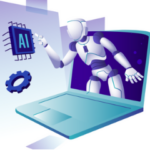 A series of three stylised Generative Artificial Intelligence illustrations: 1) A circular blue tech-inspired pattern with concentric rings and digital elements. 2) A dark and light blue illustration showing a robotic figure reaching out of a laptop computer to access GenAI. 3) A blue robotic hand reaching out to a human hand, suggesting connection or assistance.