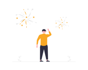 A cartoon drawing of a person standing in front of fireworks, celebrating.