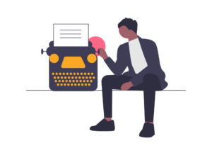 A cartoon drawing of a person sitting using a typewriter.