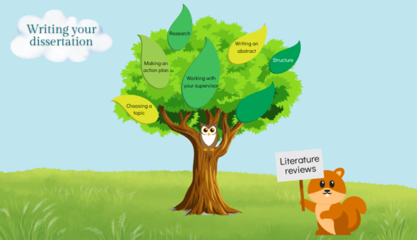 A tree with leaves featuring names of different dissertation topics. A cloud and a squirrel holding a banner that says 'Literature reviews'