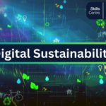 Image with technology elements nd blue that reads Digital Sustainabili