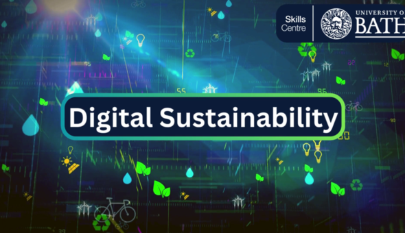Image with technology elements nd blue that reads Digital Sustainabili