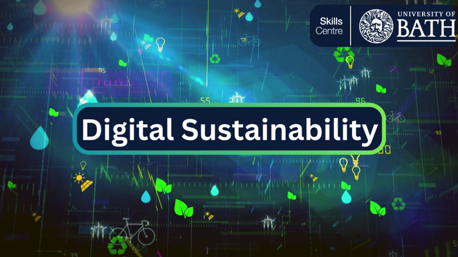 Image with technology elements nd blue that reads Digital Sustainabili