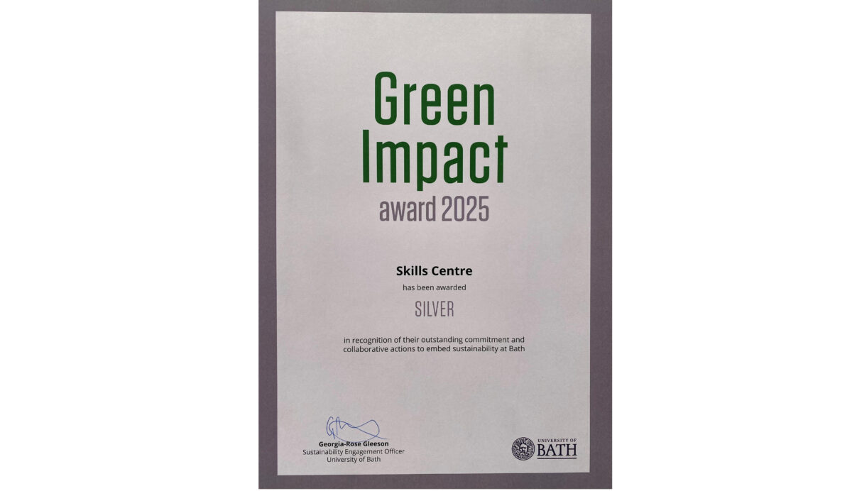 Green Impact Award 2025 certificate. The Skills Centre has been awarded SILVER in recognition of their outstanding commitment and collaborative actions to embed sustainability at Bath. Signed by Georgia-Rose Gleeson, Sustainability Engagement Officer, University of Bath. The University of Bath logo appears in the bottom right corner.