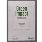 Green Impact Award 2025 certificate. The Skills Centre has been awarded SILVER in recognition of their outstanding commitment and collaborative actions to embed sustainability at Bath. Signed by Georgia-Rose Gleeson, Sustainability Engagement Officer, University of Bath. The University of Bath logo appears in the bottom right corner.