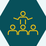 A hexagon with an icon showing one person talking to others