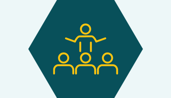A hexagon with an icon showing one person talking to others