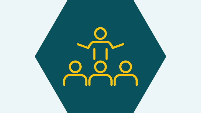 A hexagon with an icon showing one person talking to others