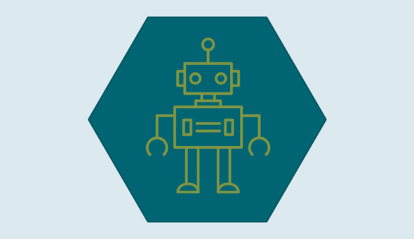 Digital and AI literacy icon: a stylized robot inside a hexagon.