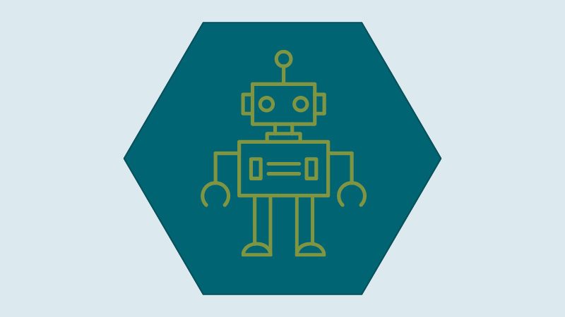 Digital and AI literacy icon: a stylized robot inside a hexagon.