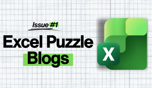 A lined-paper grid with A MS Excel logo and the words "Excel Puzzle Blogs, Issue #1."