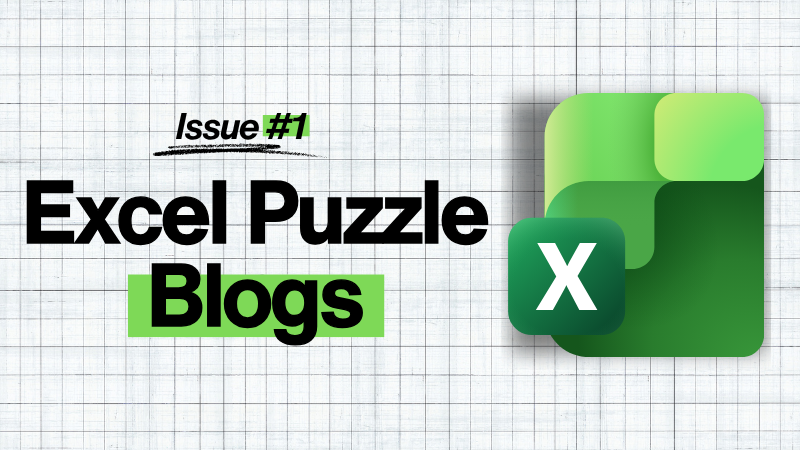 A lined-paper grid with A MS Excel logo and the words "Excel Puzzle Blogs, Issue #1."