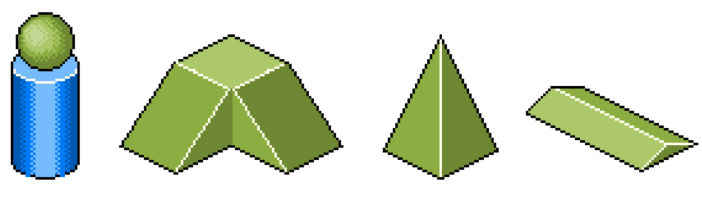 Four examples of the isometric pixel art I made: A sphere sitting on top of a cylinder, a pedestal with sloping sides, a tall pyramid, and a long, flat pyramid