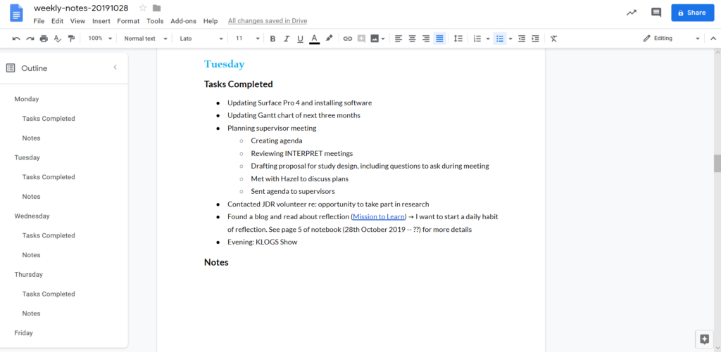 A screenshot of a Google Doc folder with a list of tasks I have completed on a working day. 