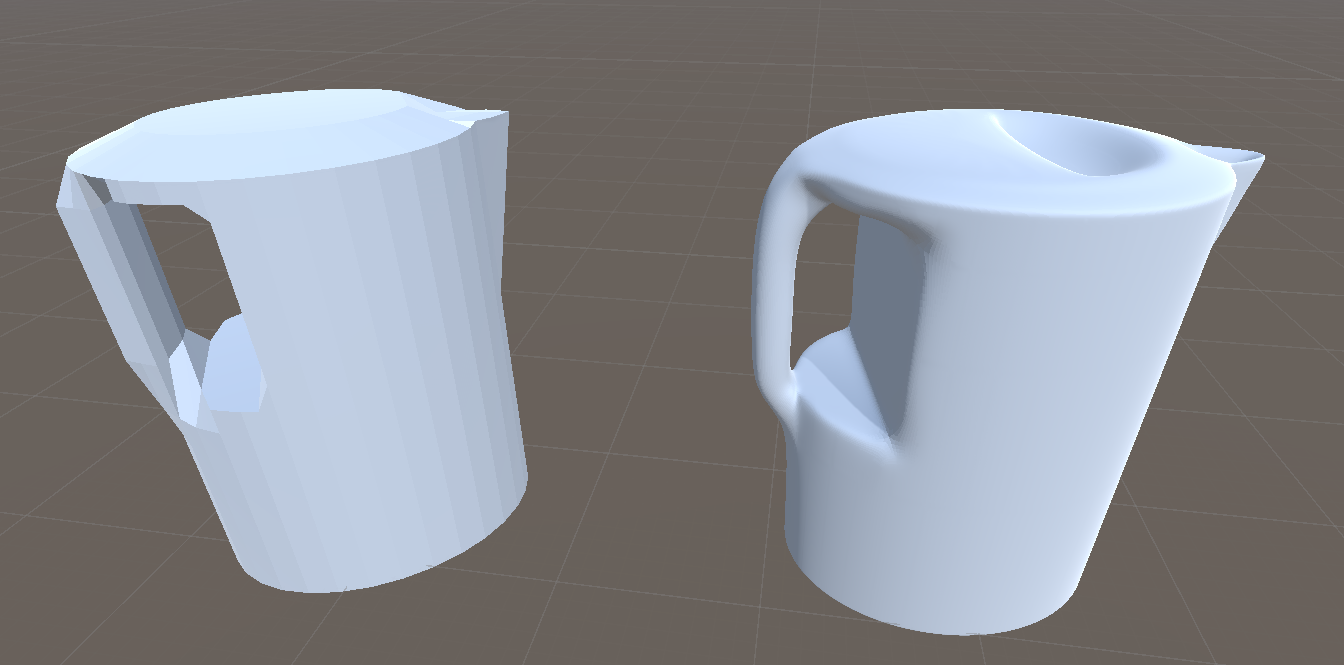 A side-by-side comparison of two versions of a 3D kettle model. The left model is angular and rough. The right model is much smoother, with more details.