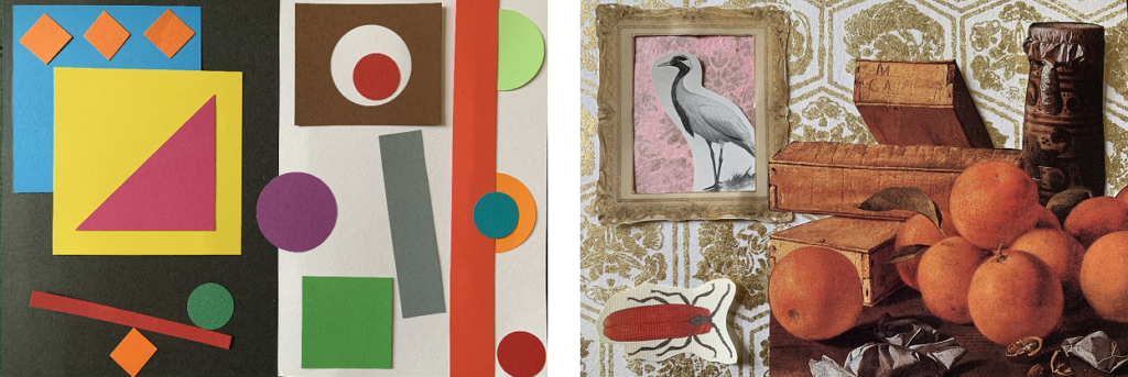 Two collages I created during the workshop. The left image shows an arrangement of geometric shapes of different colours on a black and white background. The right collage has a decorative wallpaper background, with a hanging picture frame containing a heron, and a cutout of a still life painting is in the foreground. A large insect is glued in the bottom left, seemingly floating in midair.