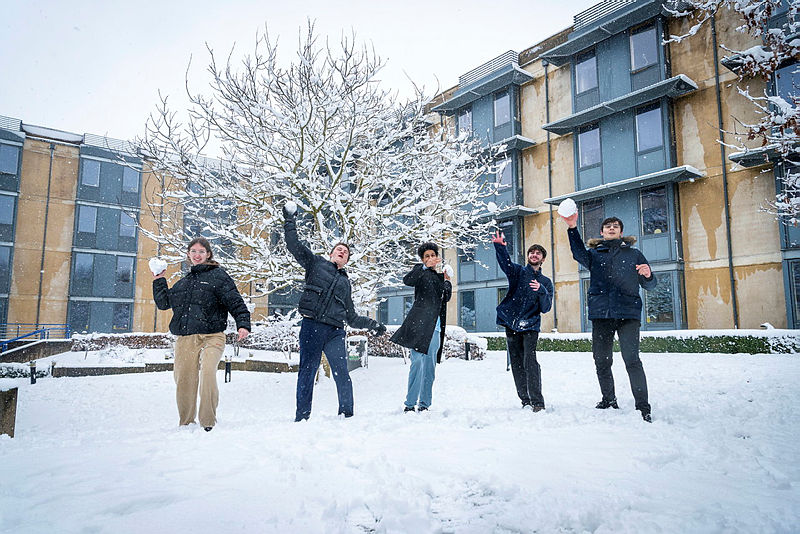 five people having fun in snow