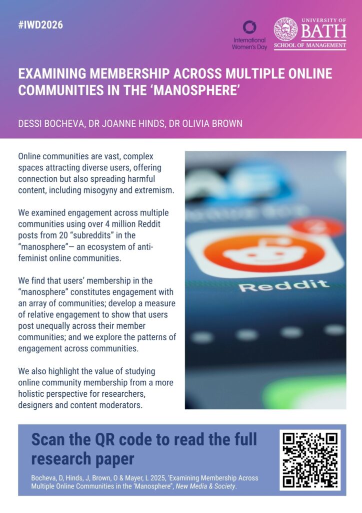 Examining Membership Across Multiple Online Communities in the ‘Manosphere’ Dessi Bocheva, Dr Joanne Hinds, Dr Olivia Brown Online communities are vast, complex spaces attracting diverse users, offering connection but also spreading harmful content, including misogyny and extremism. We examined engagement across multiple communities using over 4 million Reddit posts from 20 “subreddits” in the “manosphere”— an ecosystem of anti-feminist online communities. We find that users’ membership in the “manosphere” constitutes engagement with an array of communities; develop a measure of relative engagement to show that users post unequally across their member communities; and we explore the patterns of engagement across communities. We also highlight the value of studying online community membership from a more holistic perspective for researchers, designers and content moderators.
