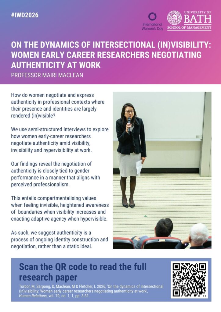 On the dynamics of intersectional (in)visibility: Women early career researchers negotiating authenticity at work Professor Mairi Maclean How do women negotiate and express authenticity in professional contexts where their presence and identities are largely rendered (in)visible? We use semi-structured interviews to explore how women early-career researchers negotiate authenticity amid visibility, invisibility and hypervisibility at work. Our findings reveal the negotiation of authenticity is closely tied to gender performance in a manner that aligns with perceived professionalism. This entails compartmentalising values when feeling invisible, heightened awareness of boundaries when visibility increases and enacting adaptive agency when hypervisible. As such, we suggest authenticity is a process of ongoing identity construction and negotiation, rather than a static ideal.