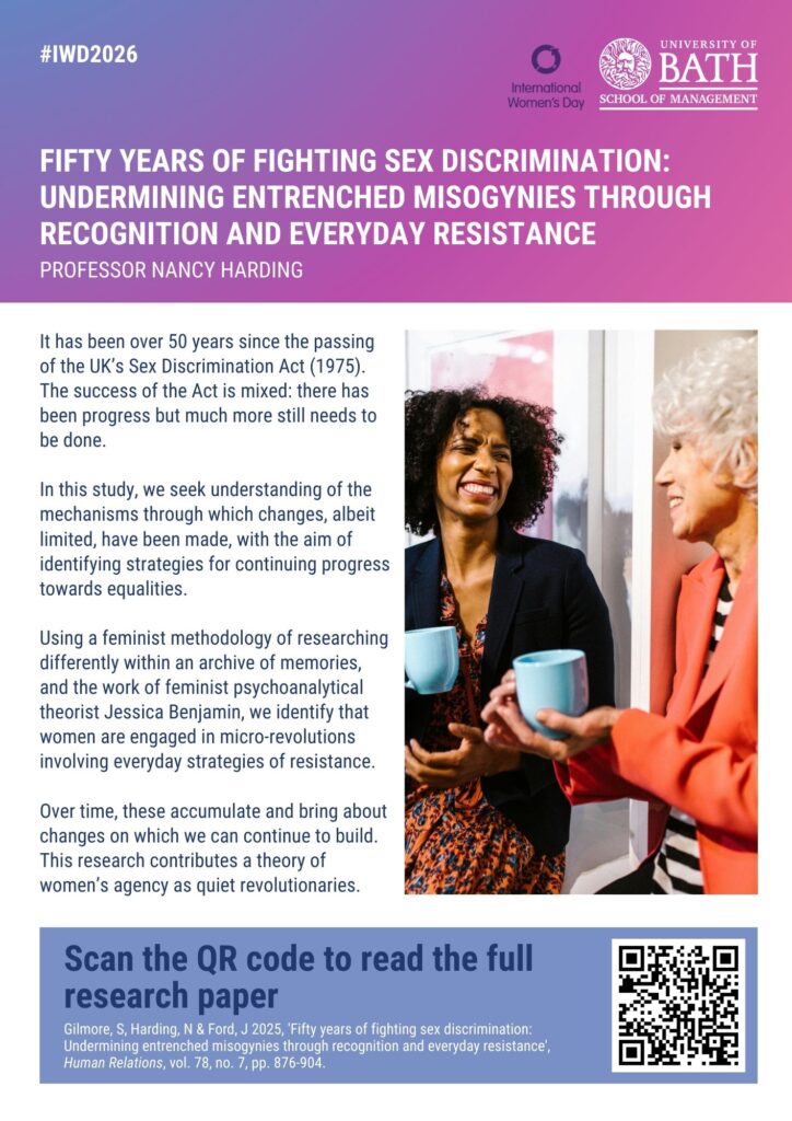 Fifty years of fighting sex discrimination: Undermining entrenched misogynies through recognition and everyday resistance Professor Nancy Harding It has been over 50 years since the passing of the UK’s Sex Discrimination Act (1975). The success of the Act is mixed: there has been progress but much more still needs to be done. In this study, we seek understanding of the mechanisms through which changes, albeit limited, have been made, with the aim of identifying strategies for continuing progress towards equalities. Using a feminist methodology of researching differently within an archive of memories, and the work of feminist psychoanalytical theorist Jessica Benjamin, we identify that women are engaged in micro-revolutions involving everyday strategies of resistance. Over time, these accumulate and bring about changes on which we can continue to build. This research contributes a theory of women’s agency as quiet revolutionaries.
