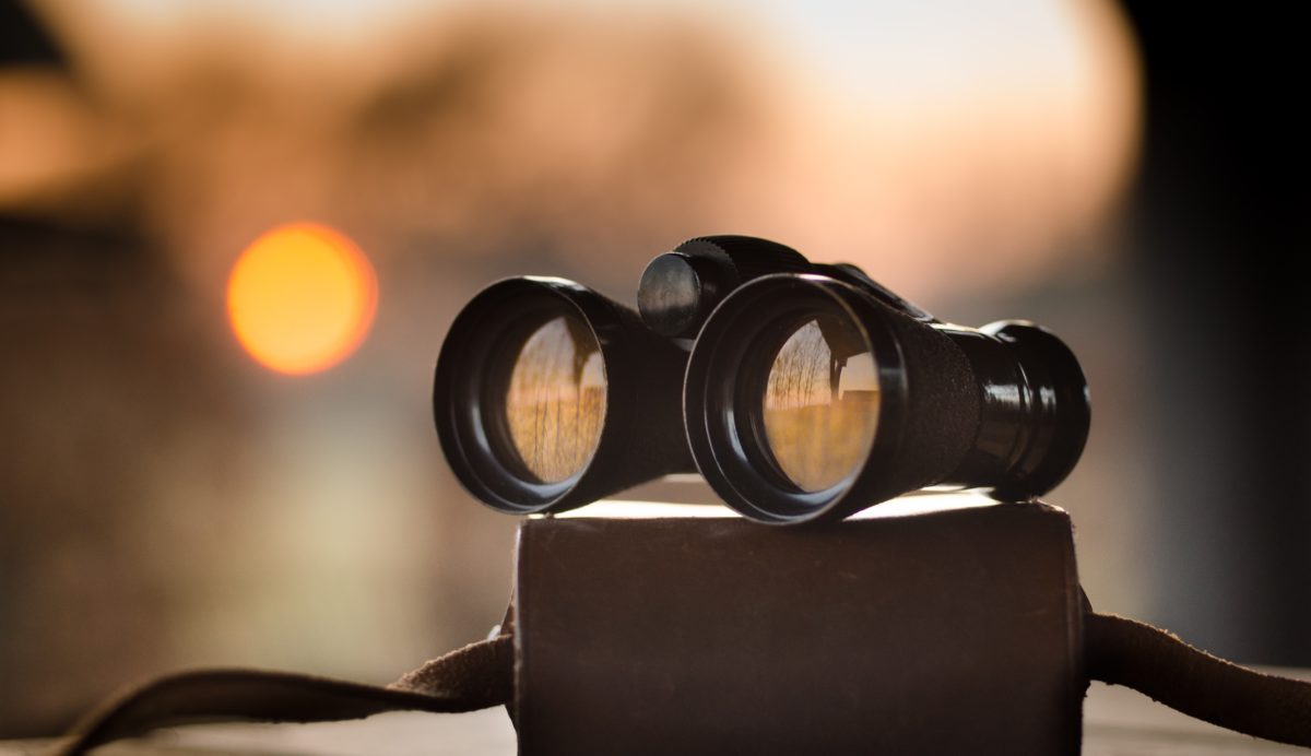 Pair of binoculars sitting on a binocular case