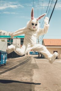 someone in rabbit costume jumping