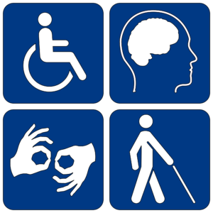 Four blue squares containing a symbol for a wheelchair user, a side profile of a head with a brain, two hands doing sign language and a person with a cane