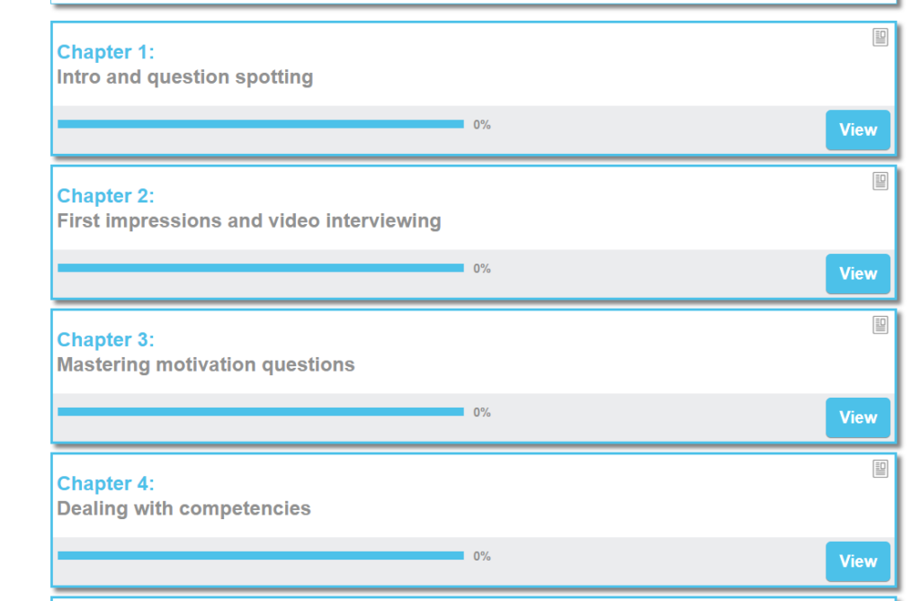 Screenshot of chapters in eCareersGrad
