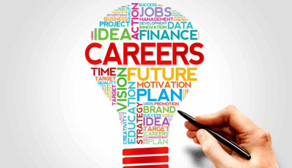 A word cloud in the shape of a lightbulb featuring words associated with Careers