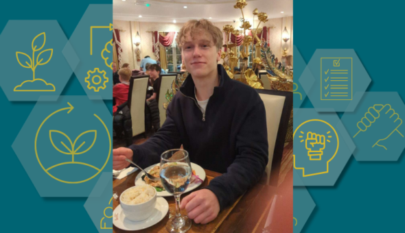 A photograph of George in a restuarant