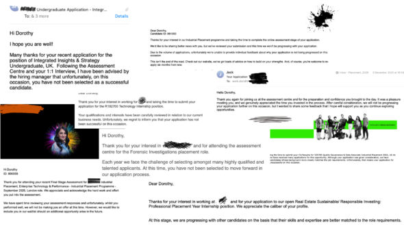 Screenshots of email rejections received by the author