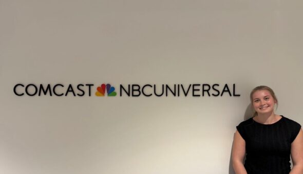 A photo of Emily Lack next to the NBC Universal logo
