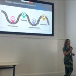 Person presenting in front of a conference screen