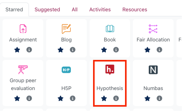 Moodle activity chooser, showing the Hypothesis activity.