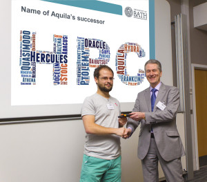 Prof Kevin Edge presenting prize to Federico Brivio for suggesting the name Balena as Aquila successor