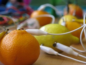 Oranges and lemons wired together to make a "fruit battery"