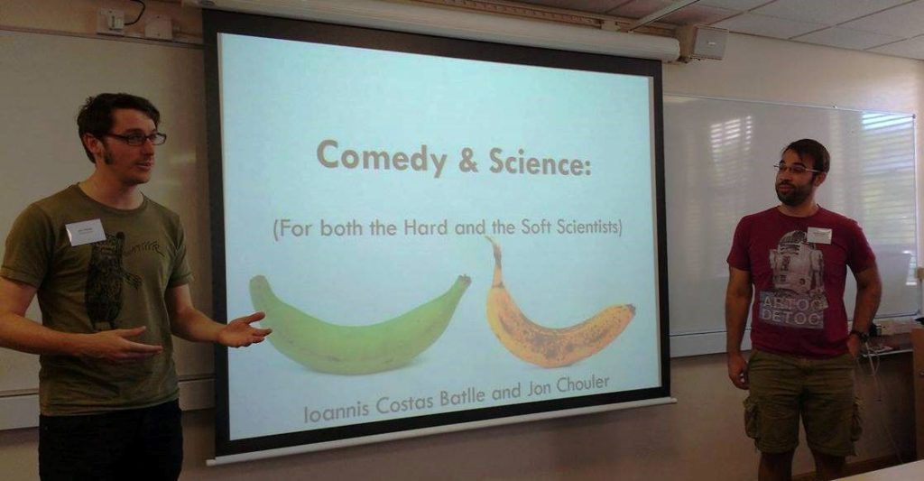 Image: Jon Chouler (left) and Ioannis Costas- Batlle (right) talking about why comedy is useful for scientists