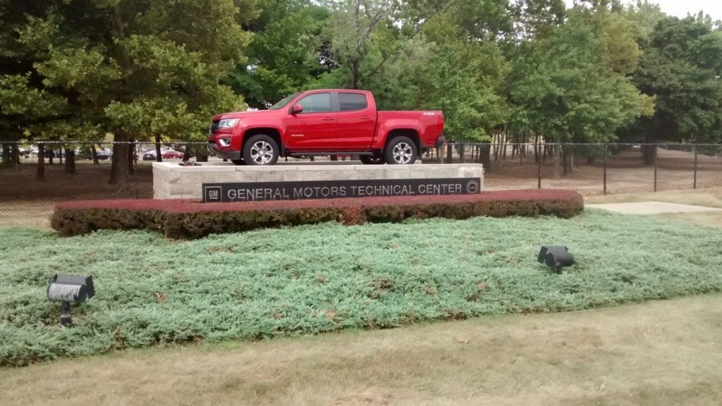 A Chevrolet Colorado turns statue on the South-West corner of the GM Technical Center campus in Warren, MI