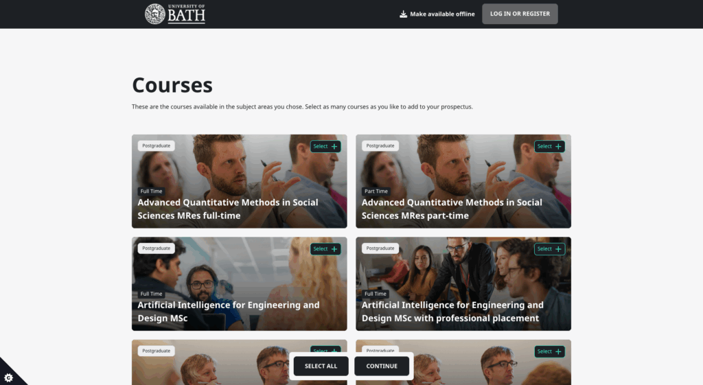 A screenshot of prospectus.bath.ac.uk, showing the University's online prospectus system.