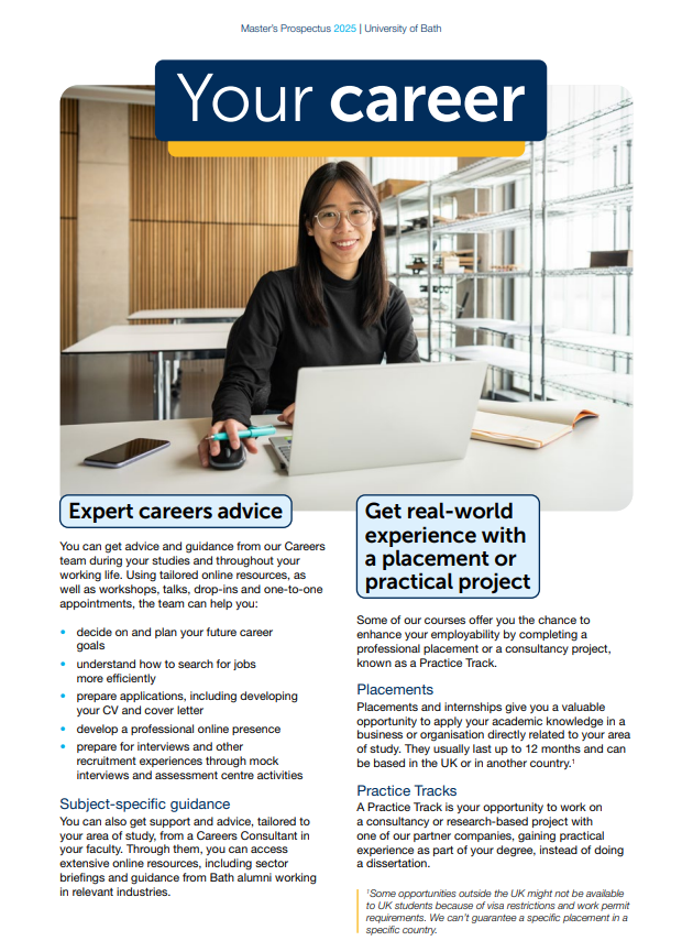 A screenshot of the 2025 master's prospectus showing part of the 'Your career' section