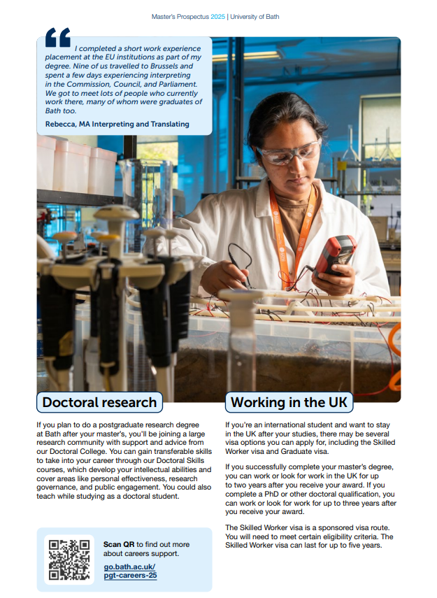 A screenshot of the 2025 master's prospectus showing part of the 'Your career' section