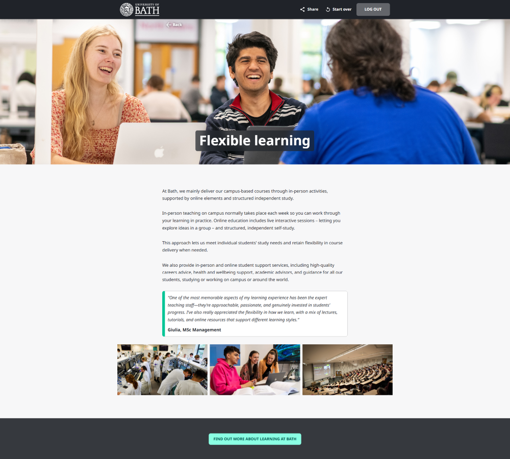 A screenshot of prospectus.bath.ac.uk, showing 'Flexible learning' page