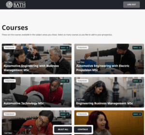 A screenshot of prospectus.bath.ac.uk, showing the a selection of courses