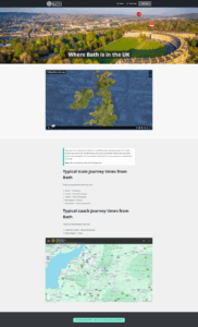 A screenshot of prospectus.bath.ac.uk, showing the video and interactive map on the 'Where Bath is in the UK' page