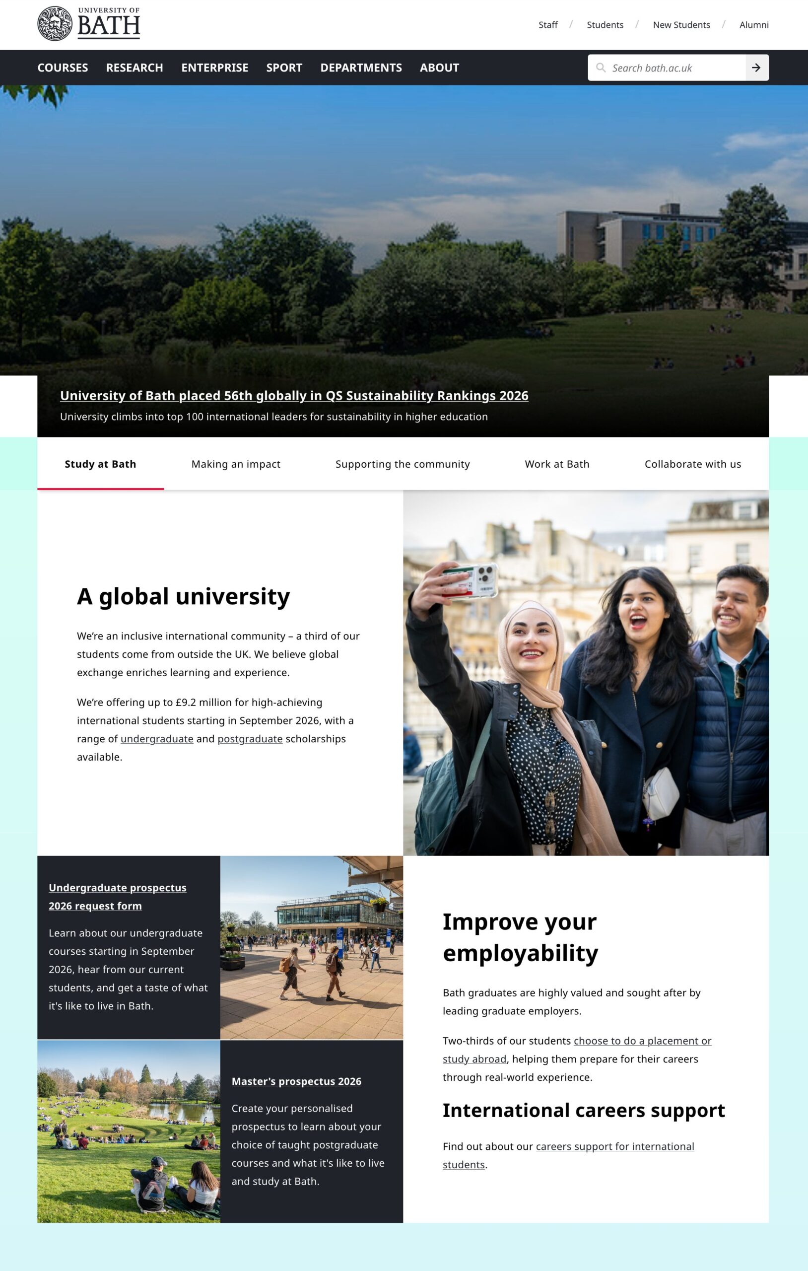 A screen capture of the previous University homepage design