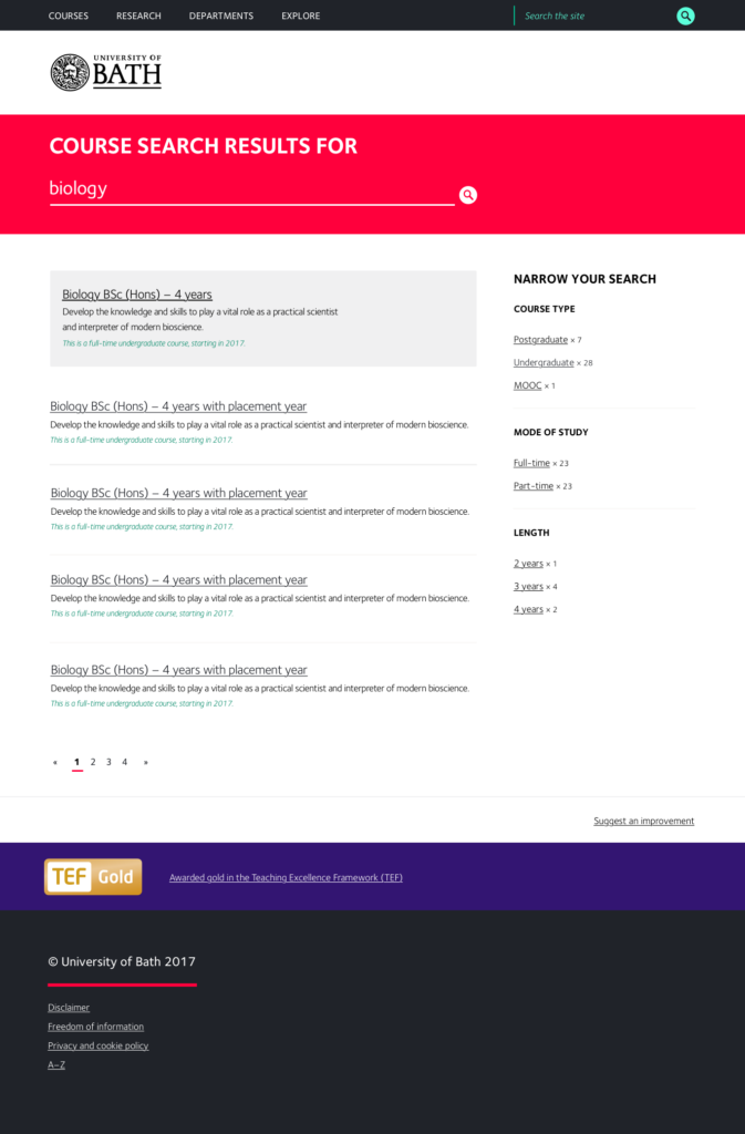 Mock-up of Course Search results page