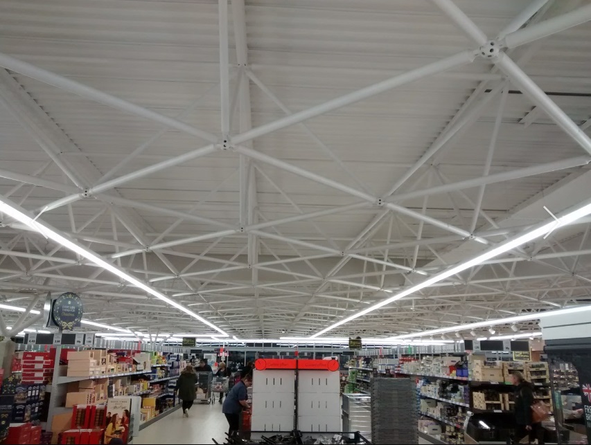 The roof trusses of Lidl in Bath, using a Mero space frame. Courtesy of Phil Turton / Historic England.