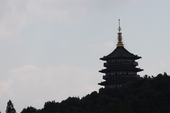 A pagoda against the horizon on a sunny day